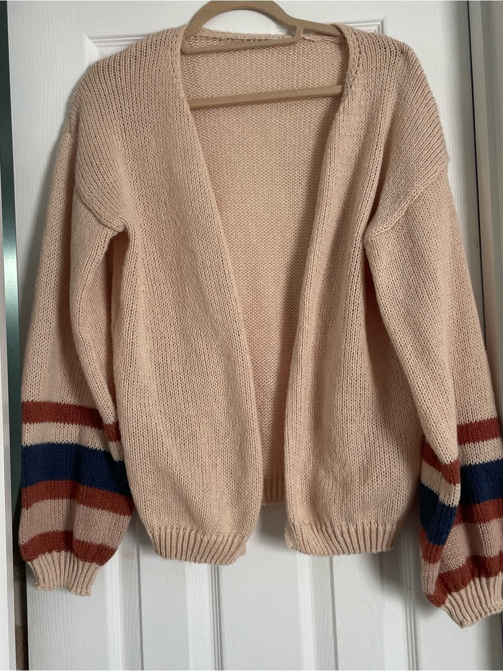 Beige Open-Front Stripe Sleeve Women's Sweater Cozy Fall Cottagecore Cardigan